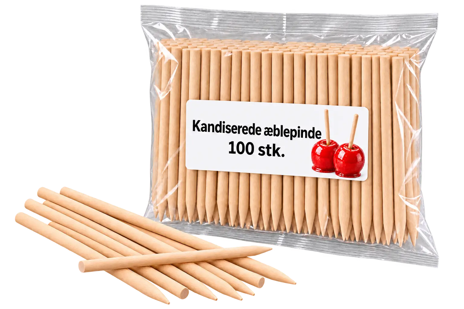 Pose med 100 træpinde til kandiserede æbler