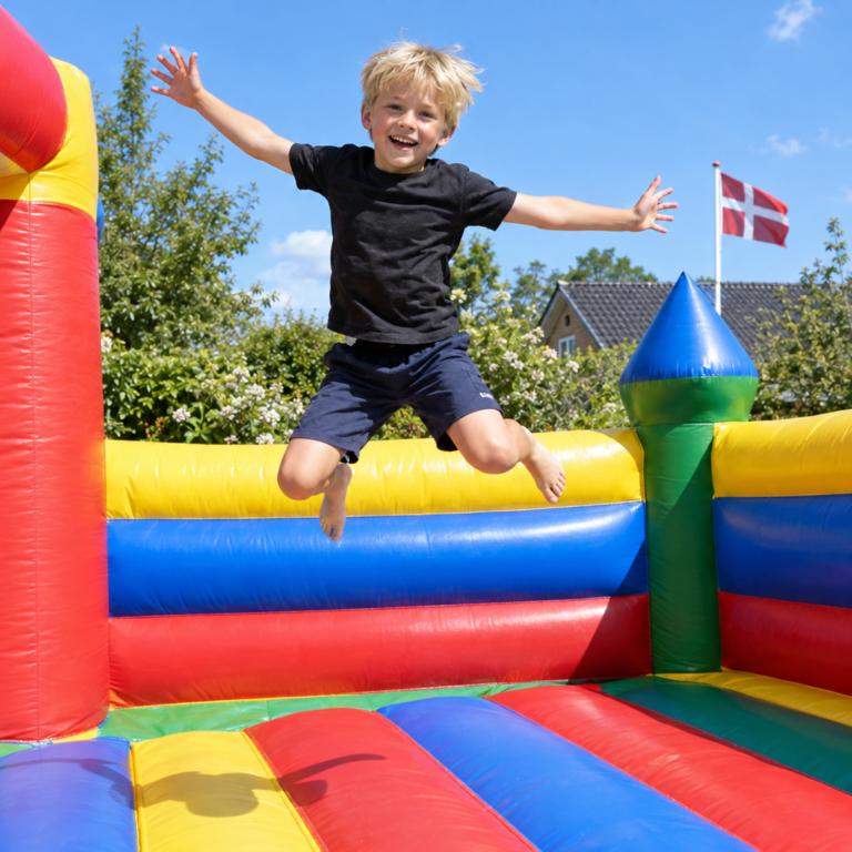 Glad dreng hopper i en farverig hoppeborg en sommerdag