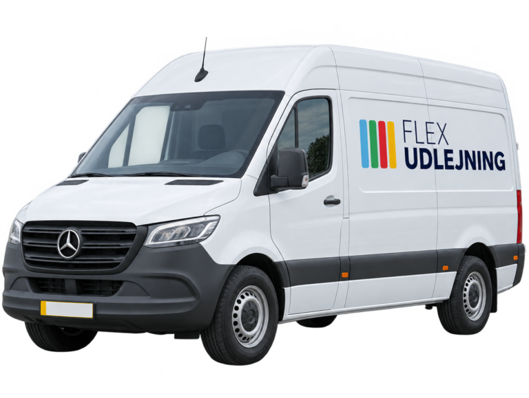 Hvid FlexUdlejning-varevogn klar til at levere udstyr til events