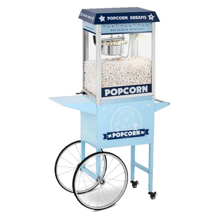 Popcornmaskine på lyseblå vogn med tivolimotiv, store hjul og sidehylder